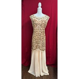 Elegant Peach Sequined Gatsby Flapper Prom Evening Gown Maxi Dress Size L